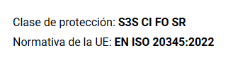 Classe de protecció S3S CI FO SR. Norma EN ISO 20345:2022
