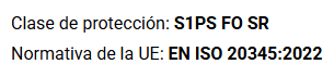 Classe de protecció S1PS FO SR. Norma EN ISO 20345:2022